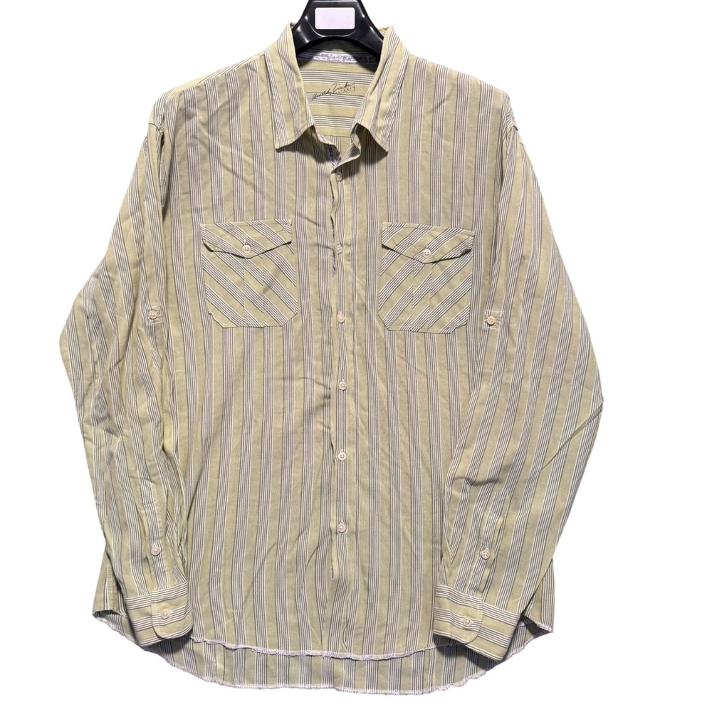 Arnold Zimberg Shirt XL Mens Green Striped Long Sleeve Button Up Raw Hem Roll Up